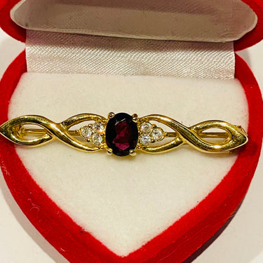 Kira.Gold Twisted Brooch with Red and Clear Rhinestones Bloomers and Frocks